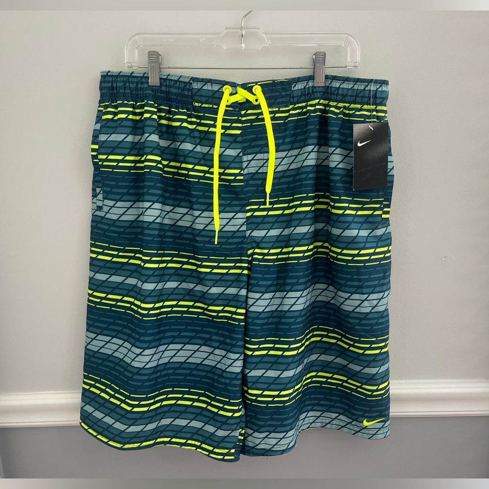 NWT Nike Blue Neon Green Pattern Mesh Lined Swim Trunks Size XL